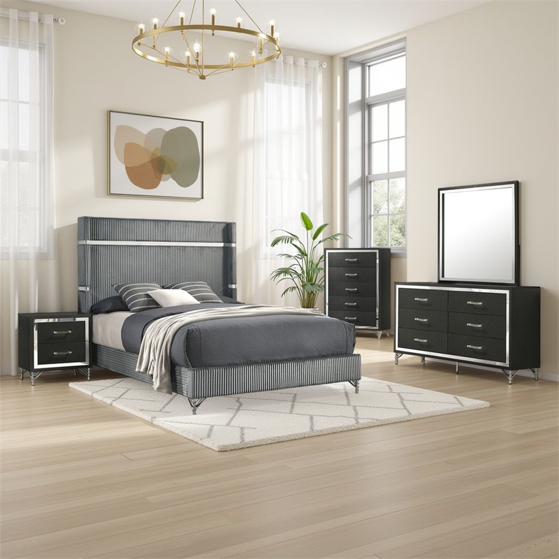 Pemberly Row 5-Piece Queen Bedroom Set with Gray Velvet Wingback in Black