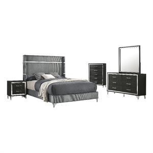 Pemberly Row 5-Piece Queen Bedroom Set with Gray Velvet Wingback in Black