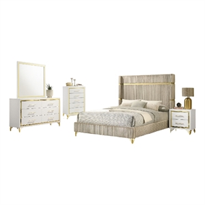 Pemberly Row 5-Piece Queen Bedroom Set with Beige Wingback in White