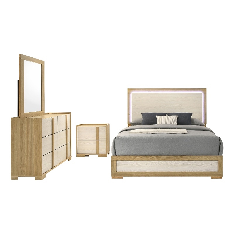 Pemberly Row 4-Piece Queen LED Bedroom Set in Natural Brown and White