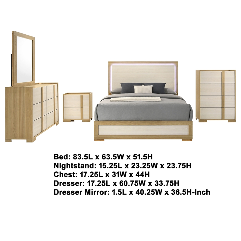 Pemberly Row 5-Piece Queen LED Bedroom Set in Natural Brown and White