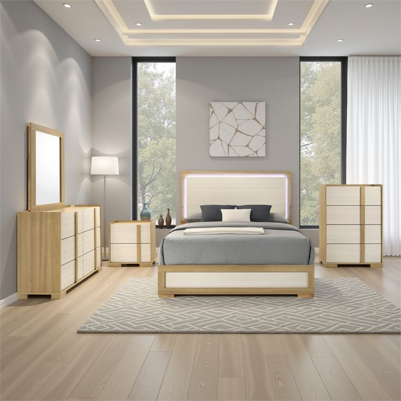 Pemberly Row 5-Piece Queen LED Bedroom Set in Natural Brown and White