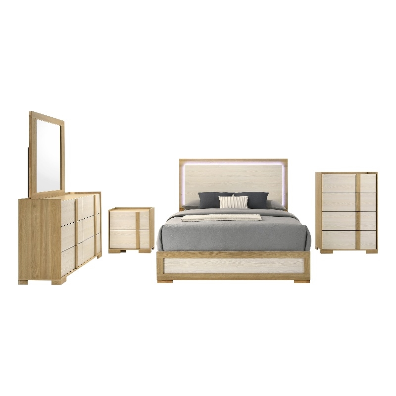 Pemberly Row 5-Piece Queen LED Bedroom Set in Natural Brown and White