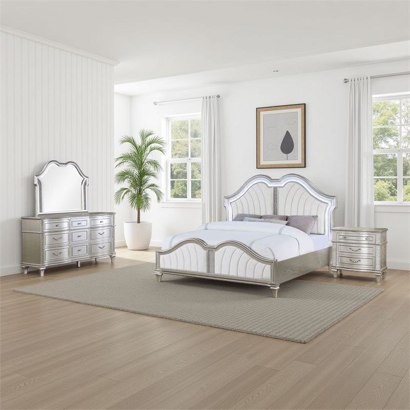 Pemberly Row 4-Piece Queen Bedroom Set with Ivory Tufted Bed in Silver Oak