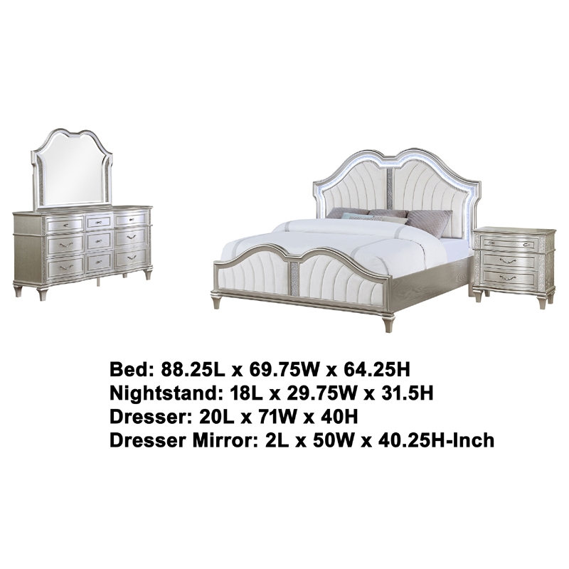 Pemberly Row 4-Piece Queen Bedroom Set with Ivory Tufted Bed in Silver Oak