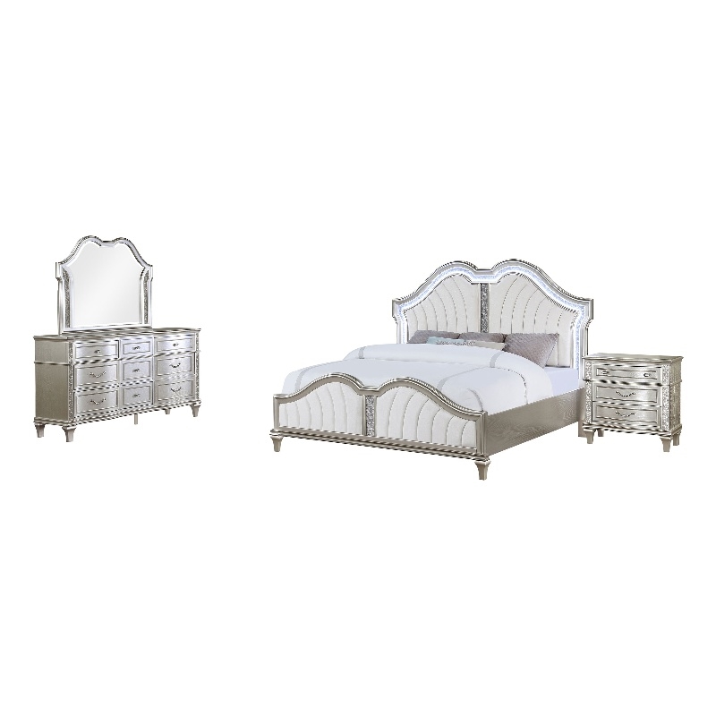 Pemberly Row 4-Piece Queen Bedroom Set with Ivory Tufted Bed in Silver Oak
