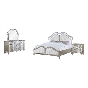 Pemberly Row 4-Piece Queen Bedroom Set with Ivory Tufted Bed in Silver Oak