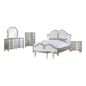 Pemberly Row 5-Piece Queen Bedroom Set with Ivory Tufted Bed in Silver Oak