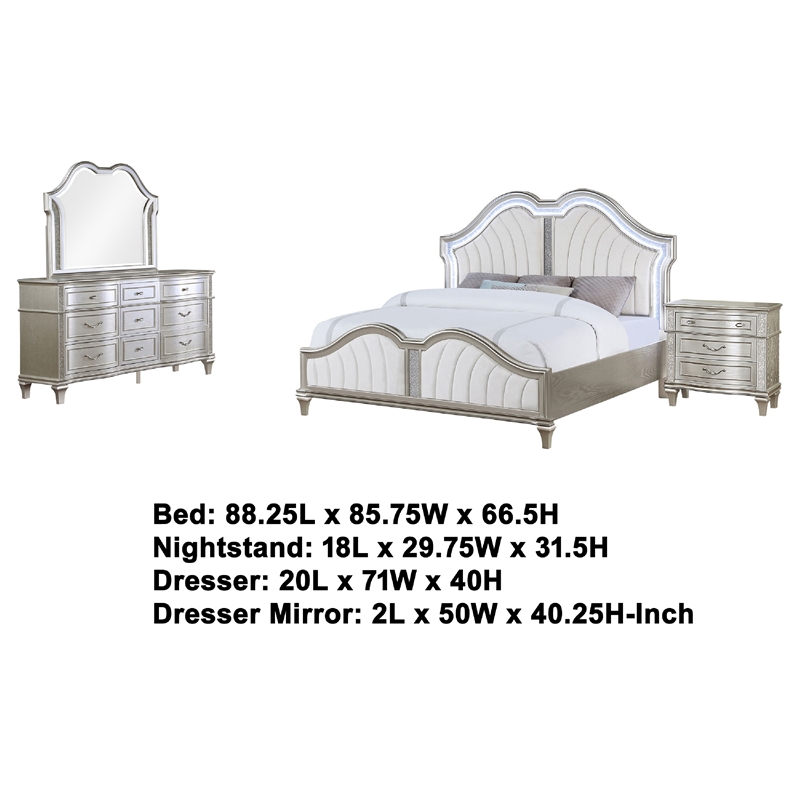 Pemberly Row 4-Piece King Bedroom Set with Ivory Tufted Bed in Silver Oak