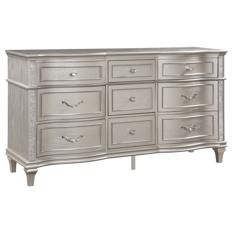 Pemberly Row 4-Piece King Bedroom Set with Ivory Tufted Bed in Silver Oak