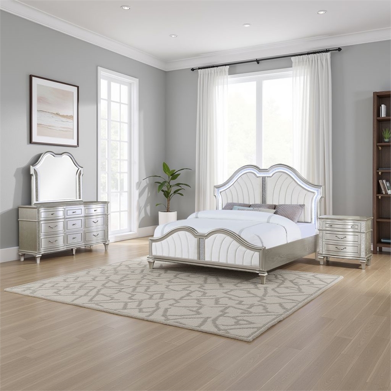 Pemberly Row 4-Piece King Bedroom Set with Ivory Tufted Bed in Silver Oak