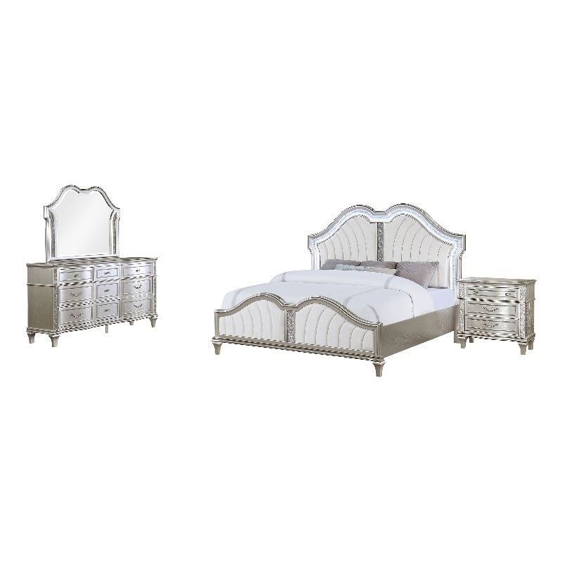Pemberly Row 4-Piece King Bedroom Set with Ivory Tufted Bed in Silver Oak