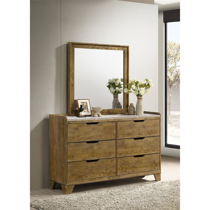 Pemberly Row 6-Drawer Bedroom Dresser with Mirror in Medium Oak Brown