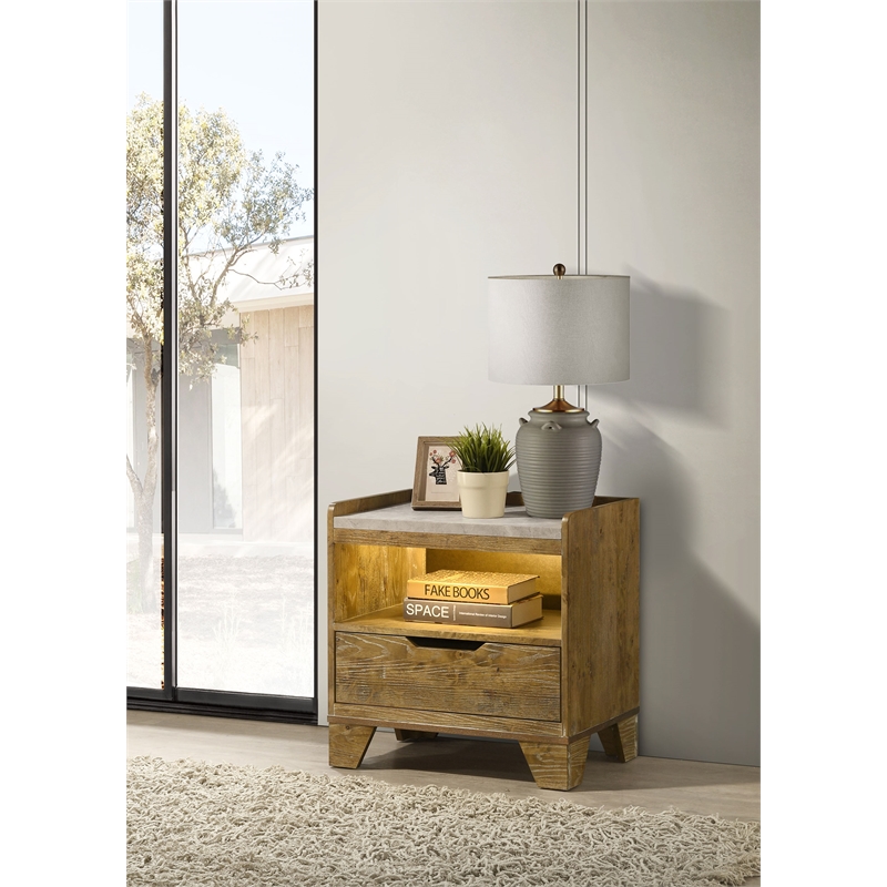 Pemberly Row 1-Drawer LED Nightstand Bedside Table in Medium Oak