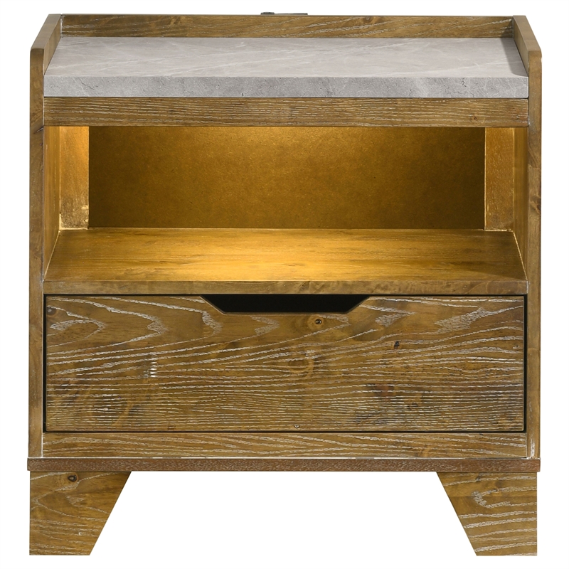 Pemberly Row 1-Drawer LED Nightstand Bedside Table in Medium Oak