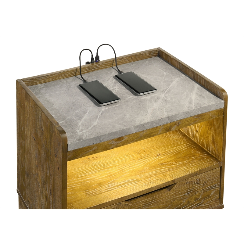 Pemberly Row 1-Drawer LED Nightstand Bedside Table in Medium Oak