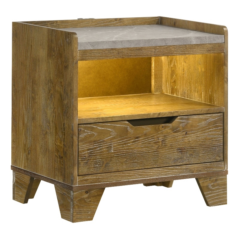 Pemberly Row 1-Drawer LED Nightstand Bedside Table in Medium Oak
