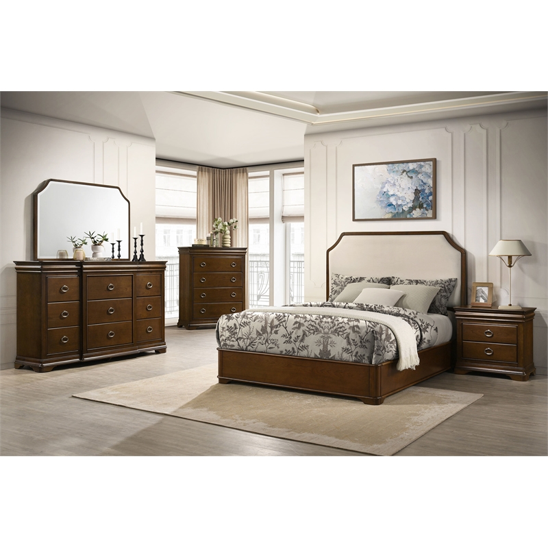 Pemberly Row 5-Piece Queen Bedroom Set in Brown Cherry and Cream