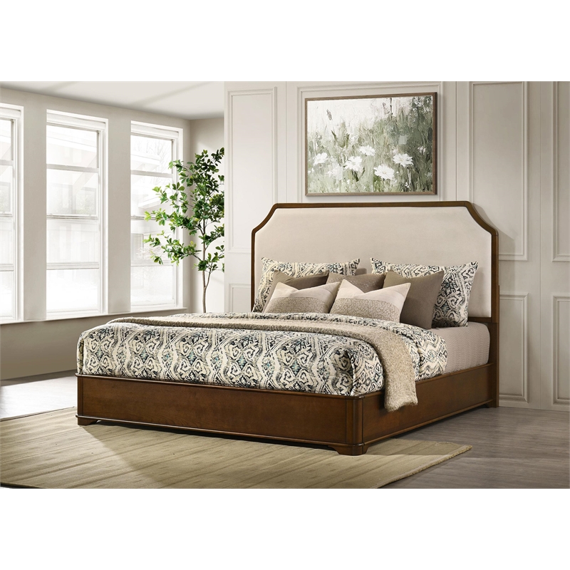 Pemberly Row Traditional Eastern King Panel Bed in Cream and Brown Cherry