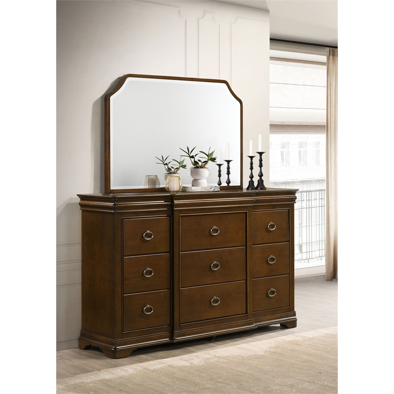 Pemberly Row 11-Drawer Bedroom Dresser with Mirror in Brown Cherry