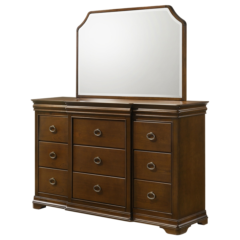 Pemberly Row 11-Drawer Bedroom Dresser with Mirror in Brown Cherry