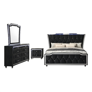 Pemberly Row 4-Piece Velvet Eastern King LED Bedroom Set in Black