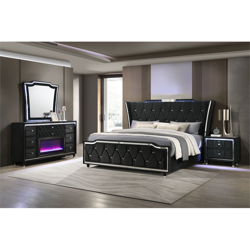 Pemberly Row 4-Piece Velvet Eastern King Fireplace LED Bedroom Set in Black