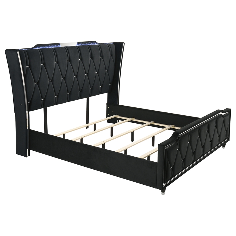Pemberly Row 4-Piece Velvet Eastern King Fireplace LED Bedroom Set in Black