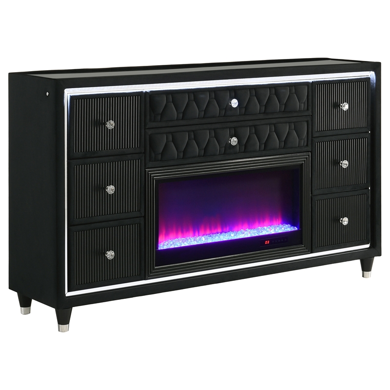 Pemberly Row 4-Piece Velvet Eastern King Fireplace LED Bedroom Set in Black