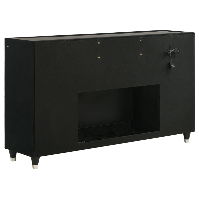 Pemberly Row 5-Piece Velvet Eastern King Fireplace LED Bedroom Set in Black