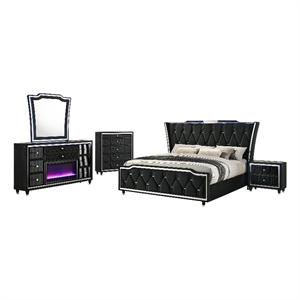 Pemberly Row 5-Piece Velvet Eastern King Fireplace LED Bedroom Set in Black