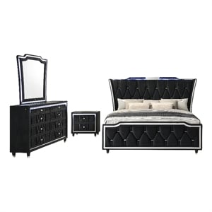 Pemberly Row 4-Piece Velvet Queen LED Wingback Bedroom Set in Black
