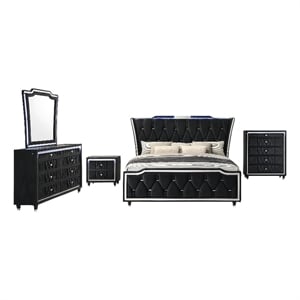 Pemberly Row 5-Piece Velvet Queen LED Wingback Bedroom Set in Black