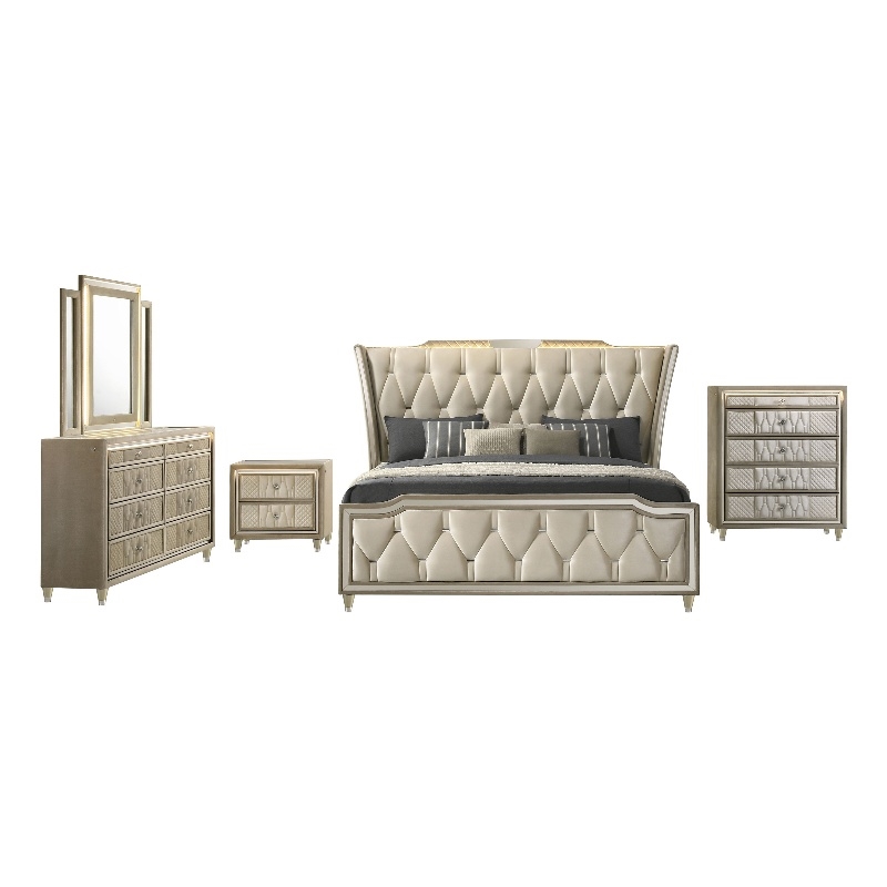 Pemberly Row 5-Piece Velvet California King Bedroom Set in Ivory and Camel