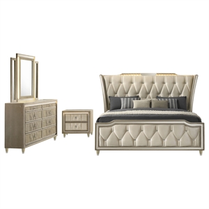 Pemberly Row 4-Piece Velvet Eastern King Bedroom Set in Ivory and Camel