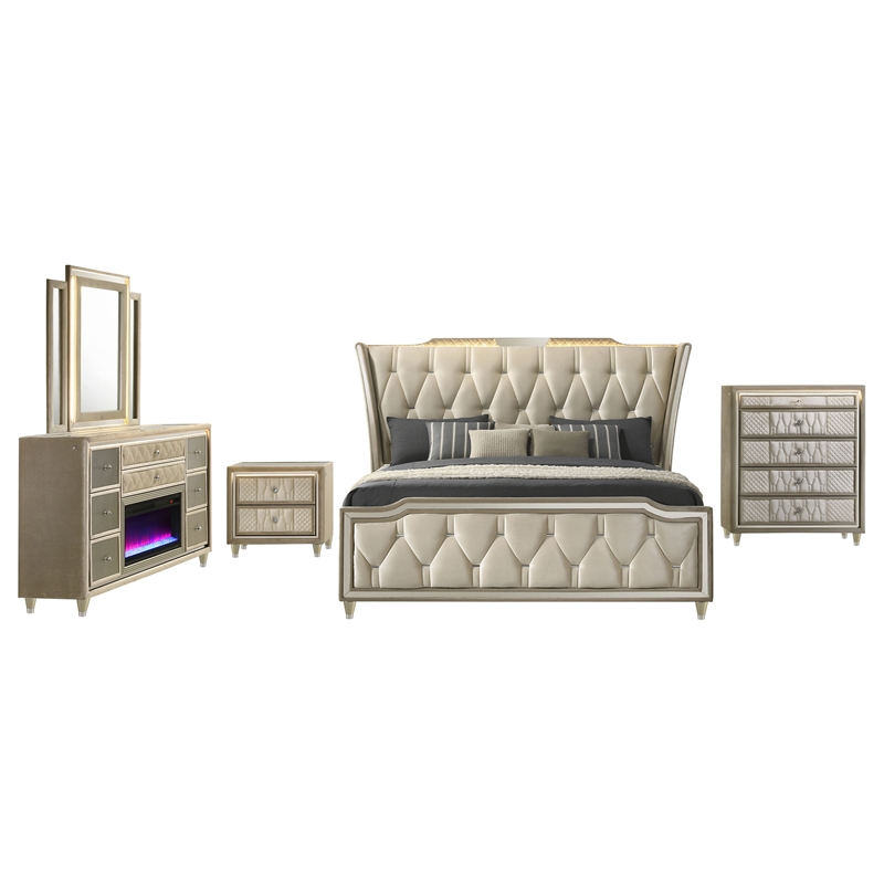 Pemberly Row 5-Piece Velvet Eastern King Fireplace Bedroom Set in Camel