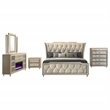 Pemberly Row 5-Piece Velvet Eastern King Fireplace Bedroom Set in Camel