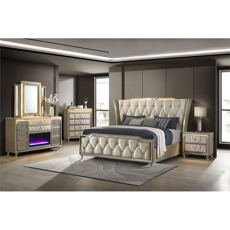 Pemberly Row 5-Piece Velvet Eastern King Fireplace Bedroom Set in Camel