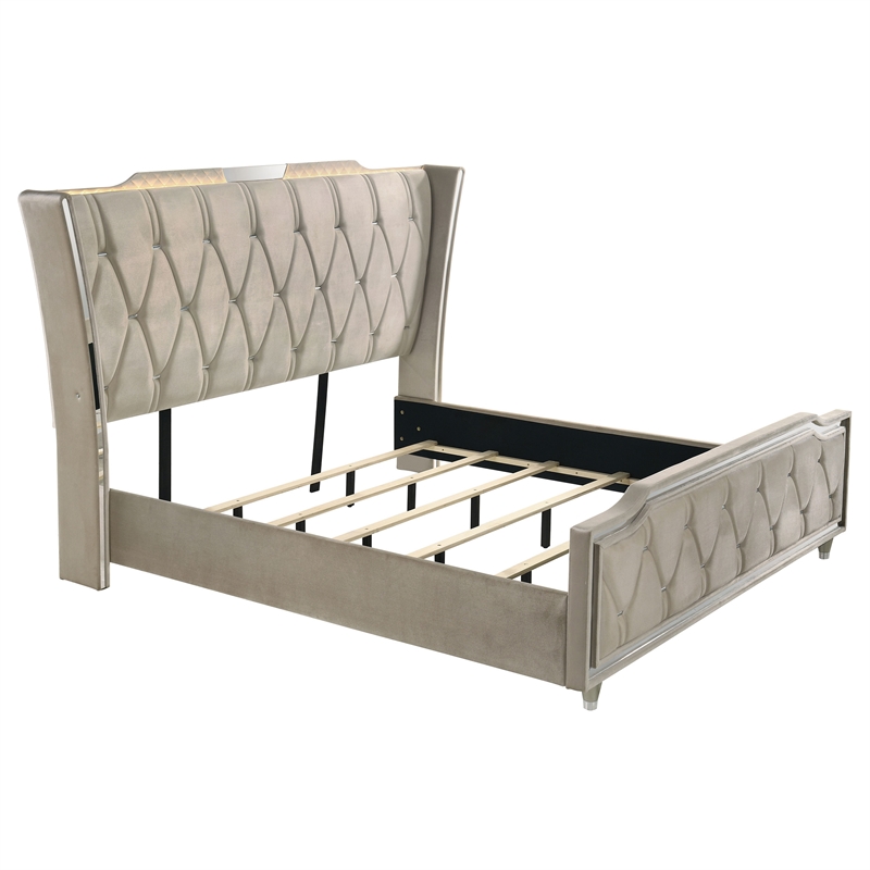 Pemberly Row 5-Piece Velvet Eastern King Fireplace Bedroom Set in Camel