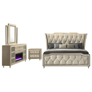 Pemberly Row 4-Piece Velvet Eastern King Fireplace Bedroom Set in Camel