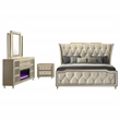 Pemberly Row 4-Piece Velvet Eastern King Fireplace Bedroom Set in Camel