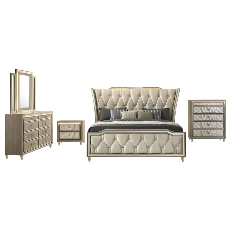 Pemberly Row 5-Piece Velvet Queen Bedroom Set in Ivory and Camel