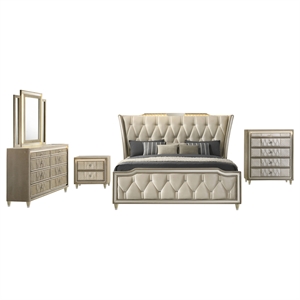 Pemberly Row 5-Piece Velvet Queen Bedroom Set in Ivory and Camel