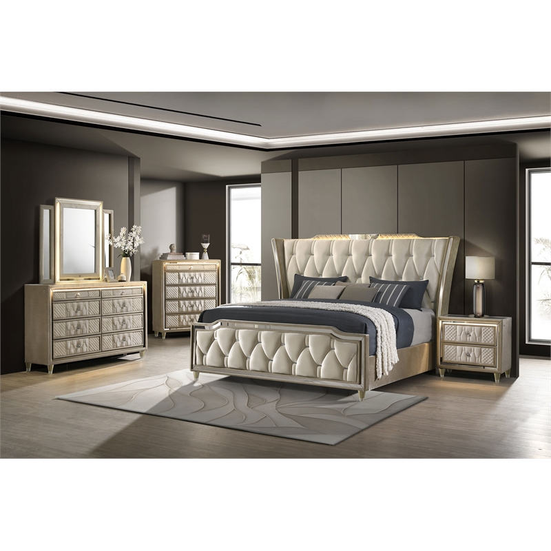 Pemberly Row 5-Piece Velvet Queen Bedroom Set in Ivory and Camel