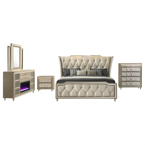 Pemberly Row 5-Piece Velvet Queen Fireplace Bedroom Set in Camel