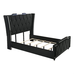 Pemberly Row Queen LED Upholstered Velvet Wingback Bed in Black