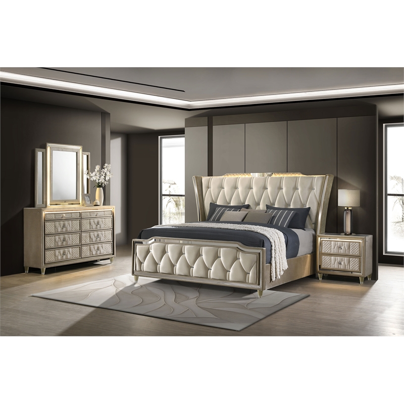 Pemberly Row 4-Piece Velvet California King Bedroom Set in Ivory and Camel