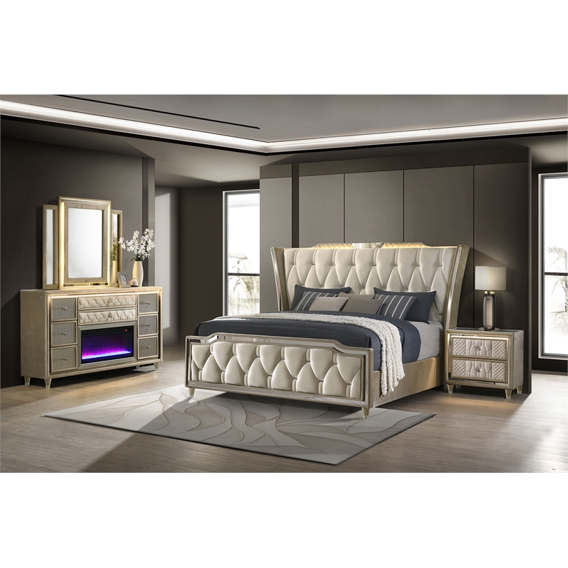 Pemberly Row 4-Piece Velvet California King Fireplace Bedroom Set in Camel