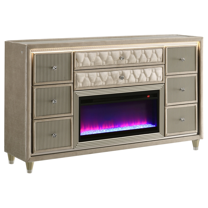 Pemberly Row 4-Piece Velvet California King Fireplace Bedroom Set in Camel