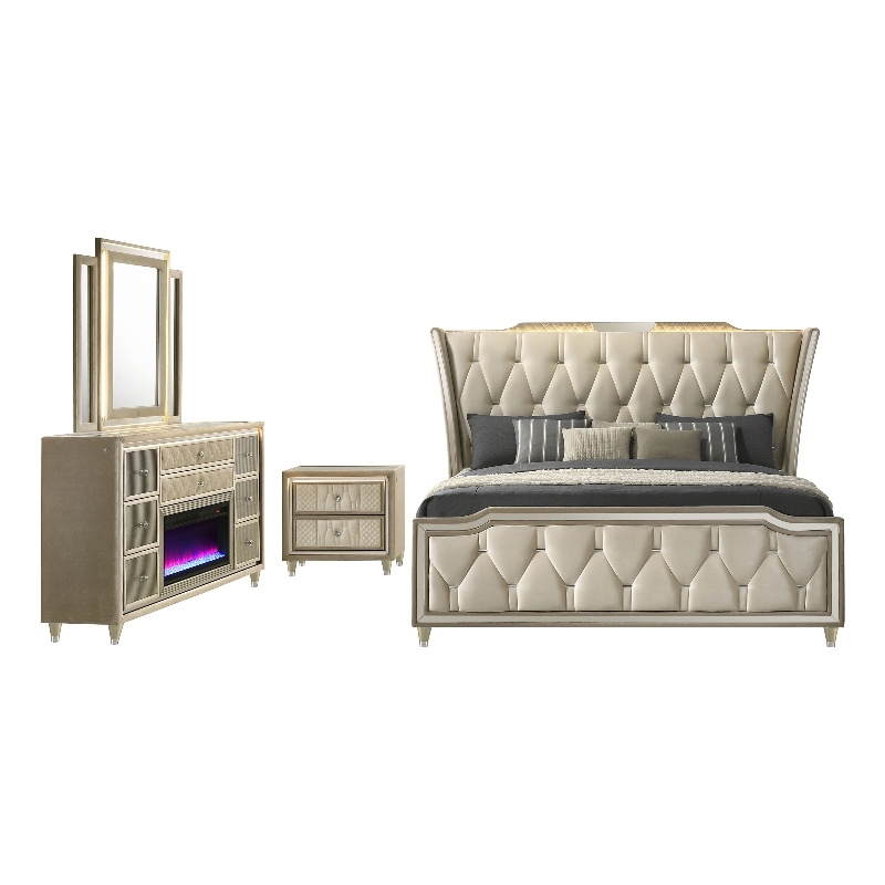 Pemberly Row 4-Piece Velvet California King Fireplace Bedroom Set in Camel